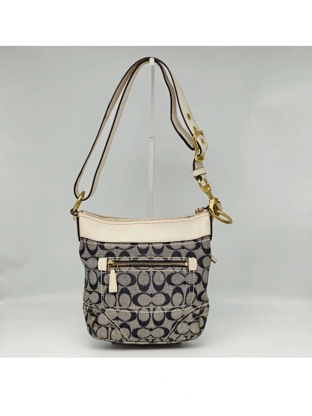 Coach Signature Denim Canvas Crossbody Bag Blue Ivory Leather
